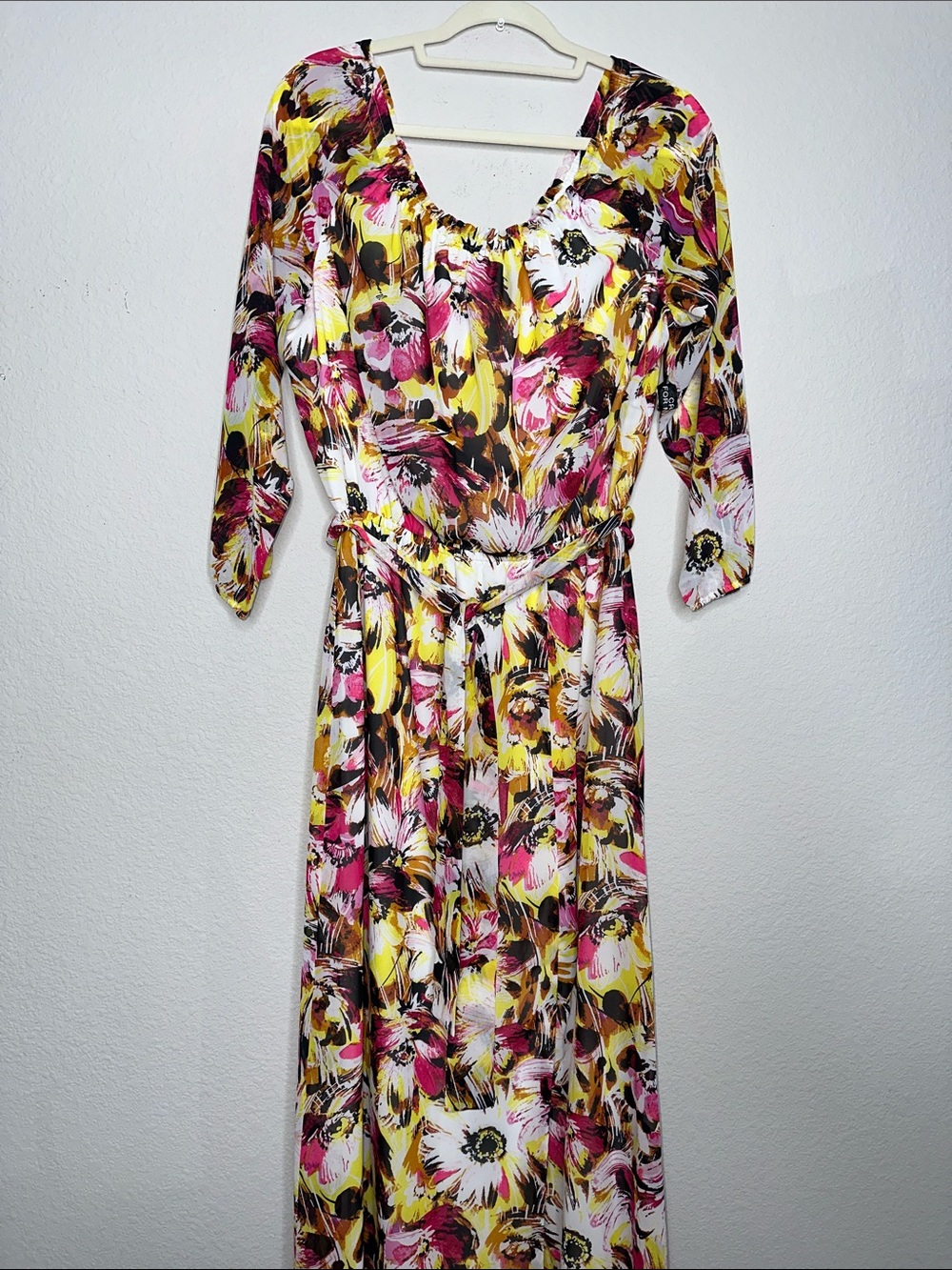 INC‎ International Concepts Yellow Pink & Black Floral Maxi Dress with Waist Tie